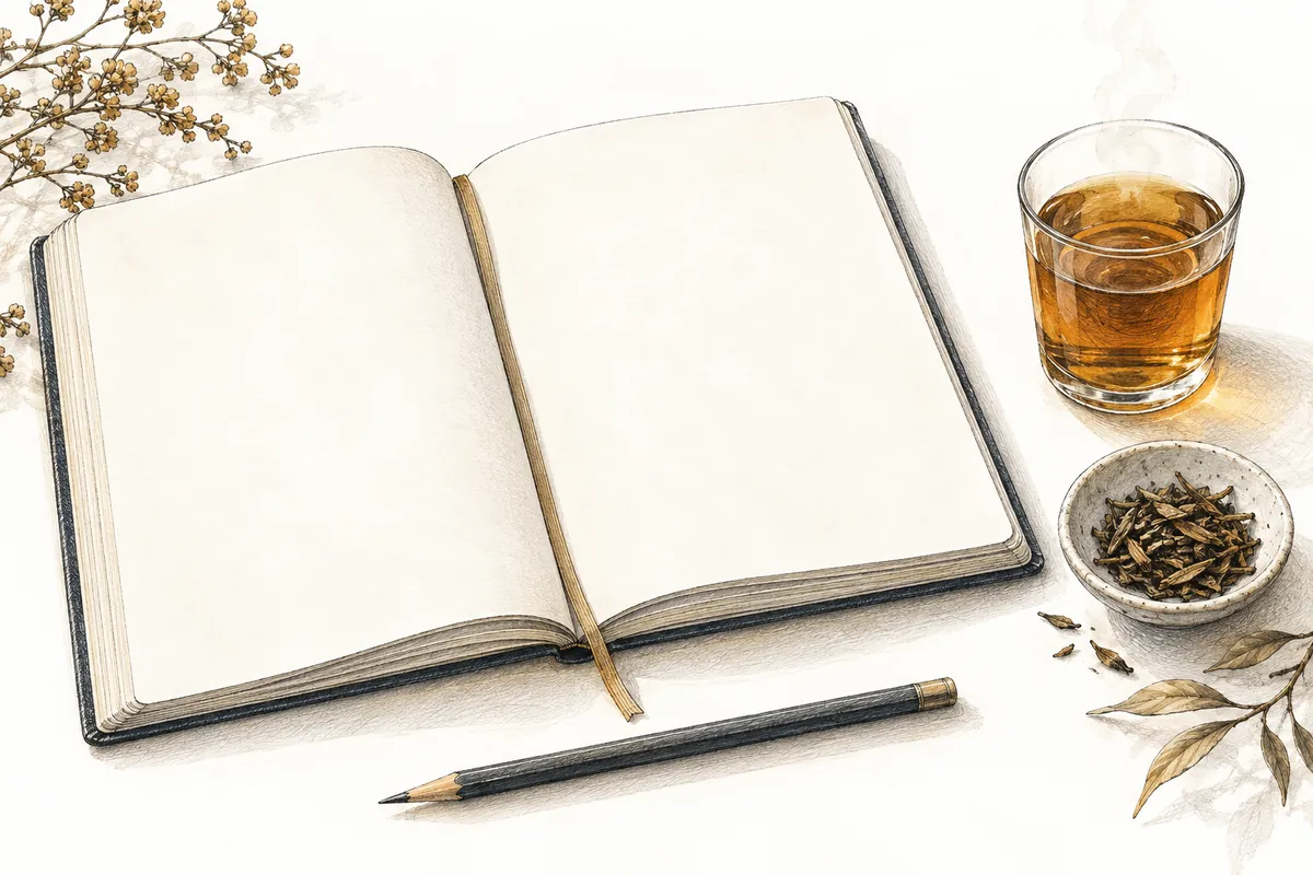 Illustration of an open, unmarked notebook and a pencil, a glass of amber-coloured tea and a small amount of tea leaves.