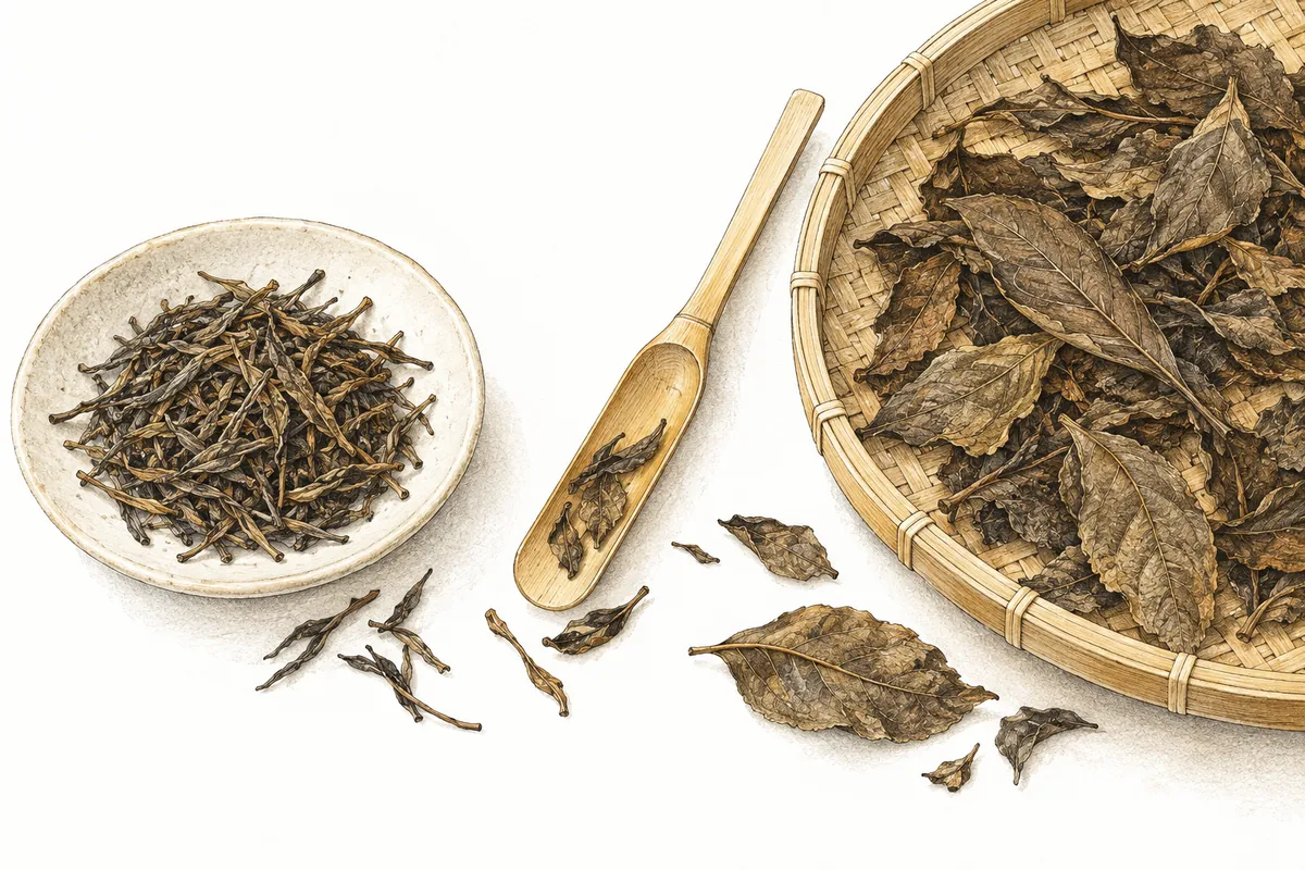 Illustration of finely divided roasted tea on a small dish and large dried leaves spread on a bamboo tray