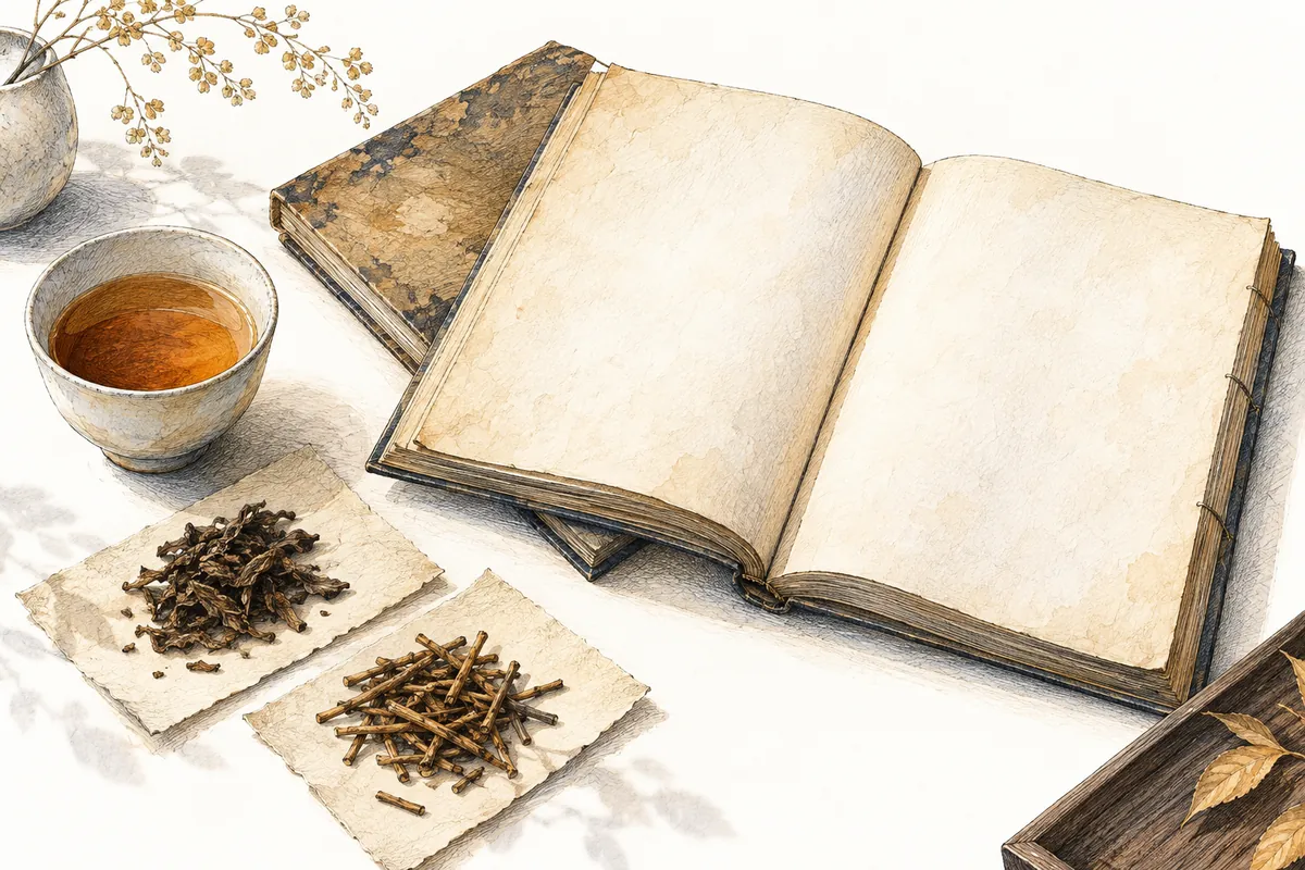 Illustration of an open old book and a closed book, tea leaves and stems on paper, and a teacup, suggesting the reading of historical sources.