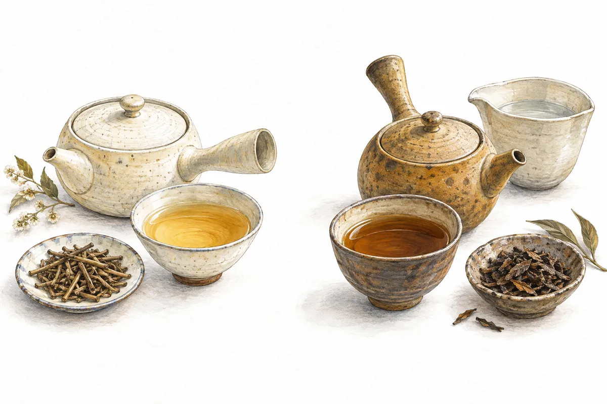 Illustration of two teapot-and-cup sets containing lighter- and darker-coloured tea