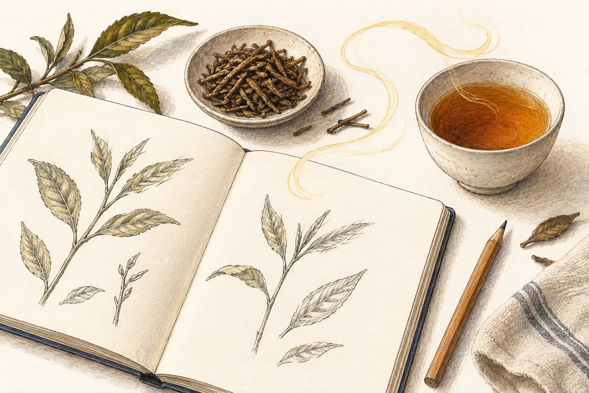 Illustration of hojicha with curved lines representing its aroma and an open notebook containing sketches of tea leaves