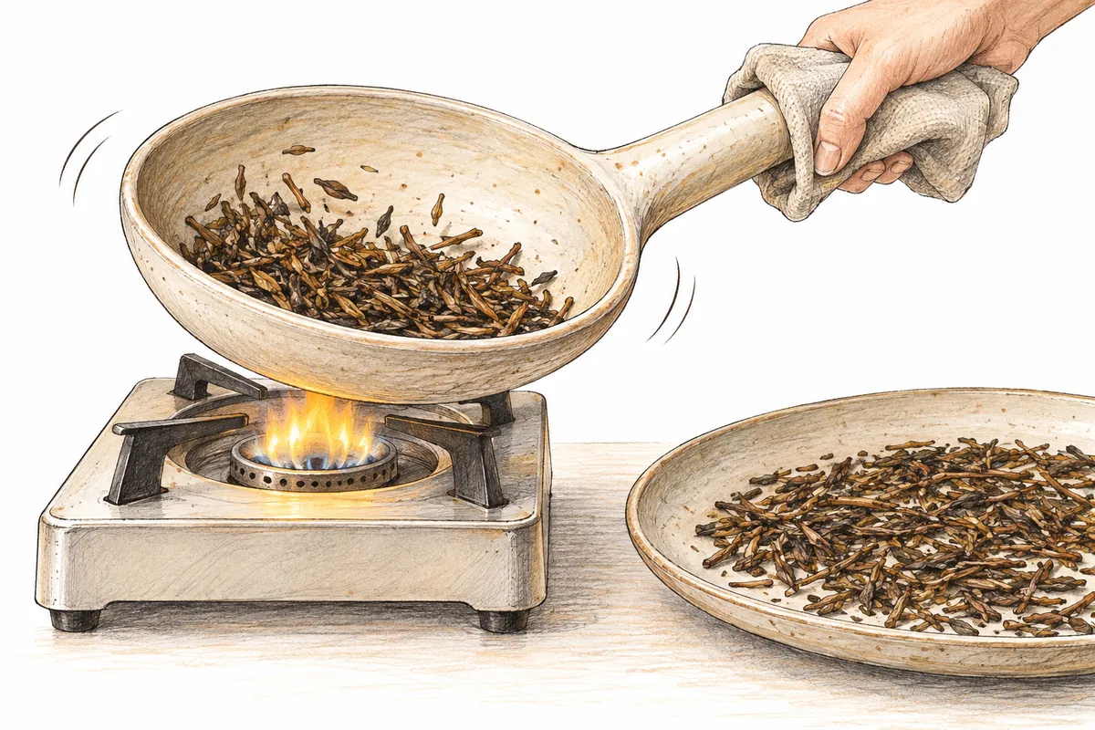 An illustration of a hand gripping a handle through a cloth and moving a horoku filled with tea over a small flame.