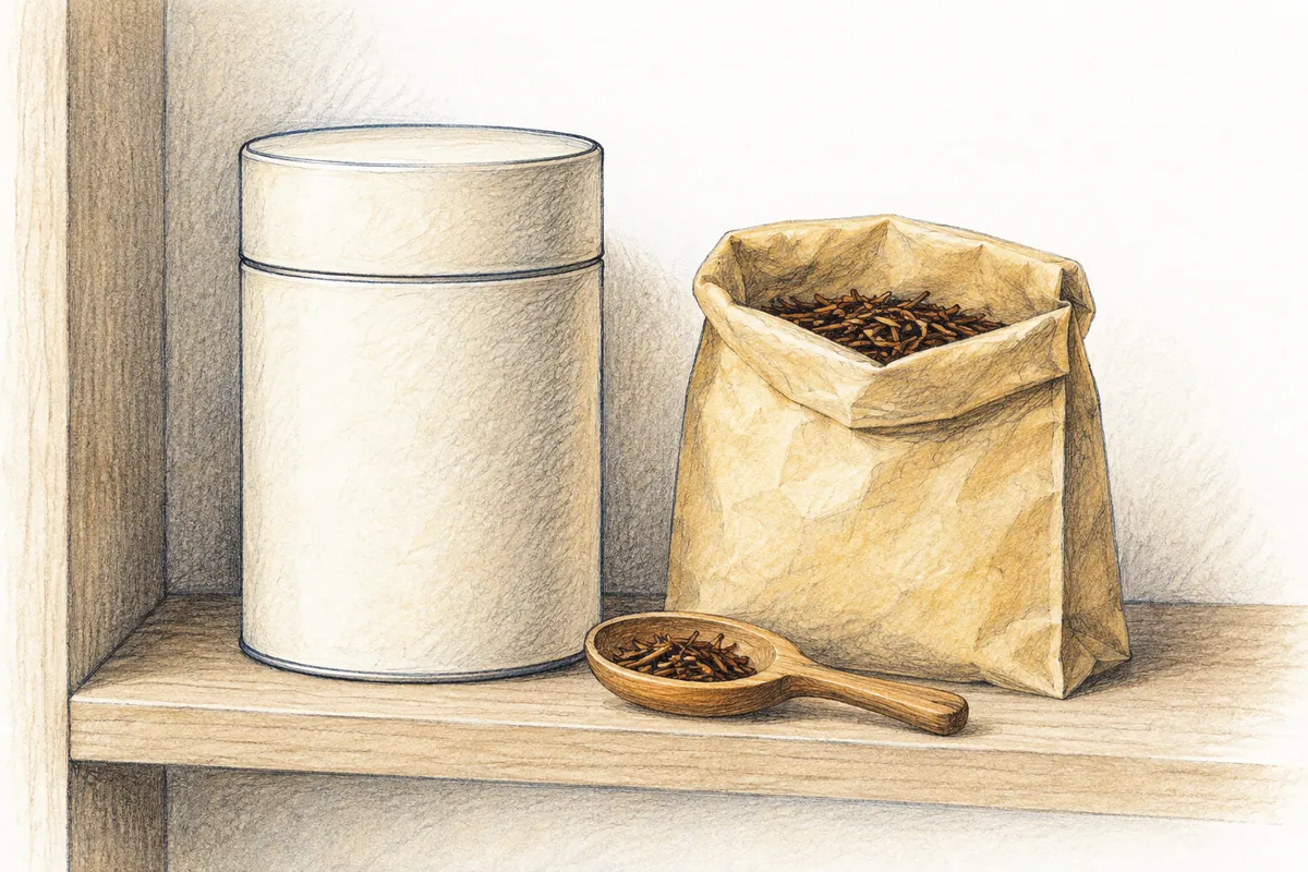 An illustration of a lidded tea tin, an open packet of tea, and a tea scoop on a shelf.