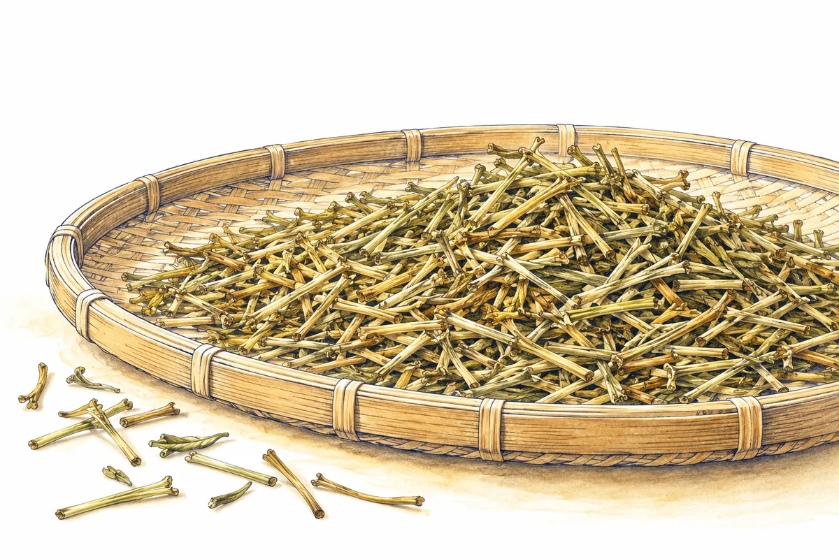 An illustration of slender, pale golden tea stems spread across a shallow bamboo sieve.