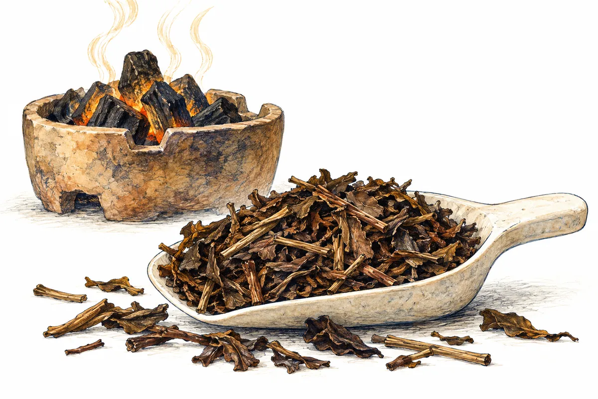 An illustration symbolically showing deeply roasted tea stems and leaves, with glowing charcoal placed separately.