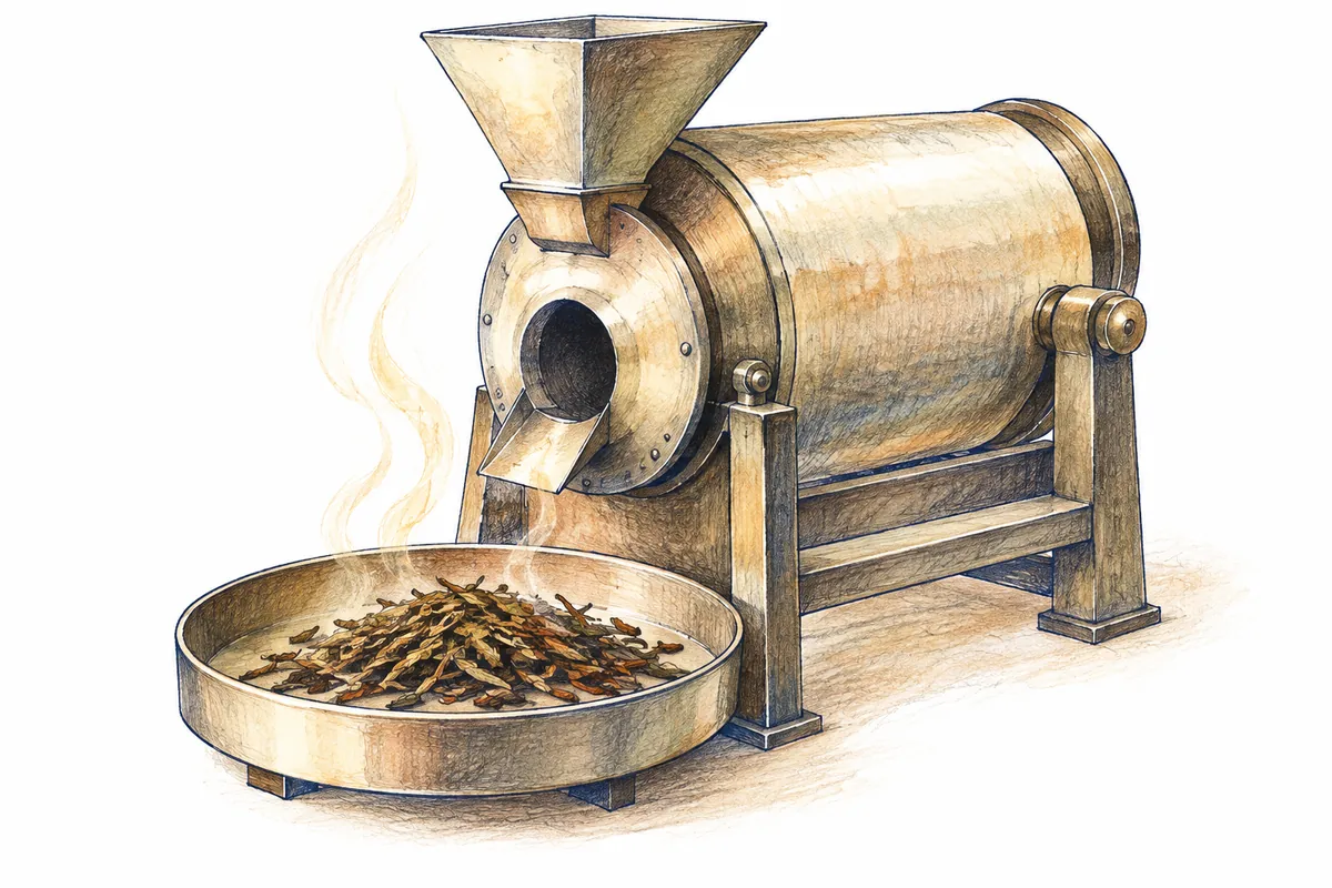 An illustration of a generic tea roaster with a cylindrical drum and a collection tray.