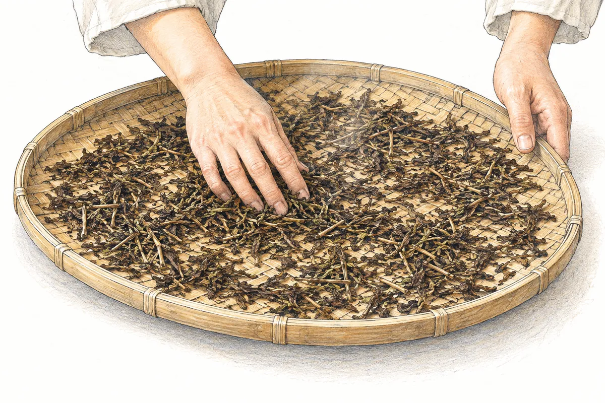 An illustration of a craftsperson’s hands spreading roasted tea across a shallow tray.