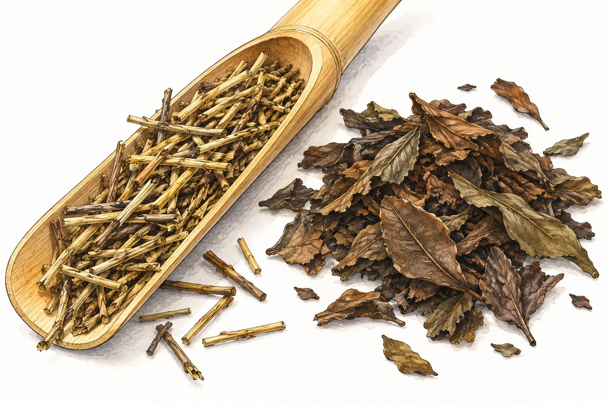 An illustration contrasting slender stems on a bamboo tea scoop with broad tea leaves spread beside it.
