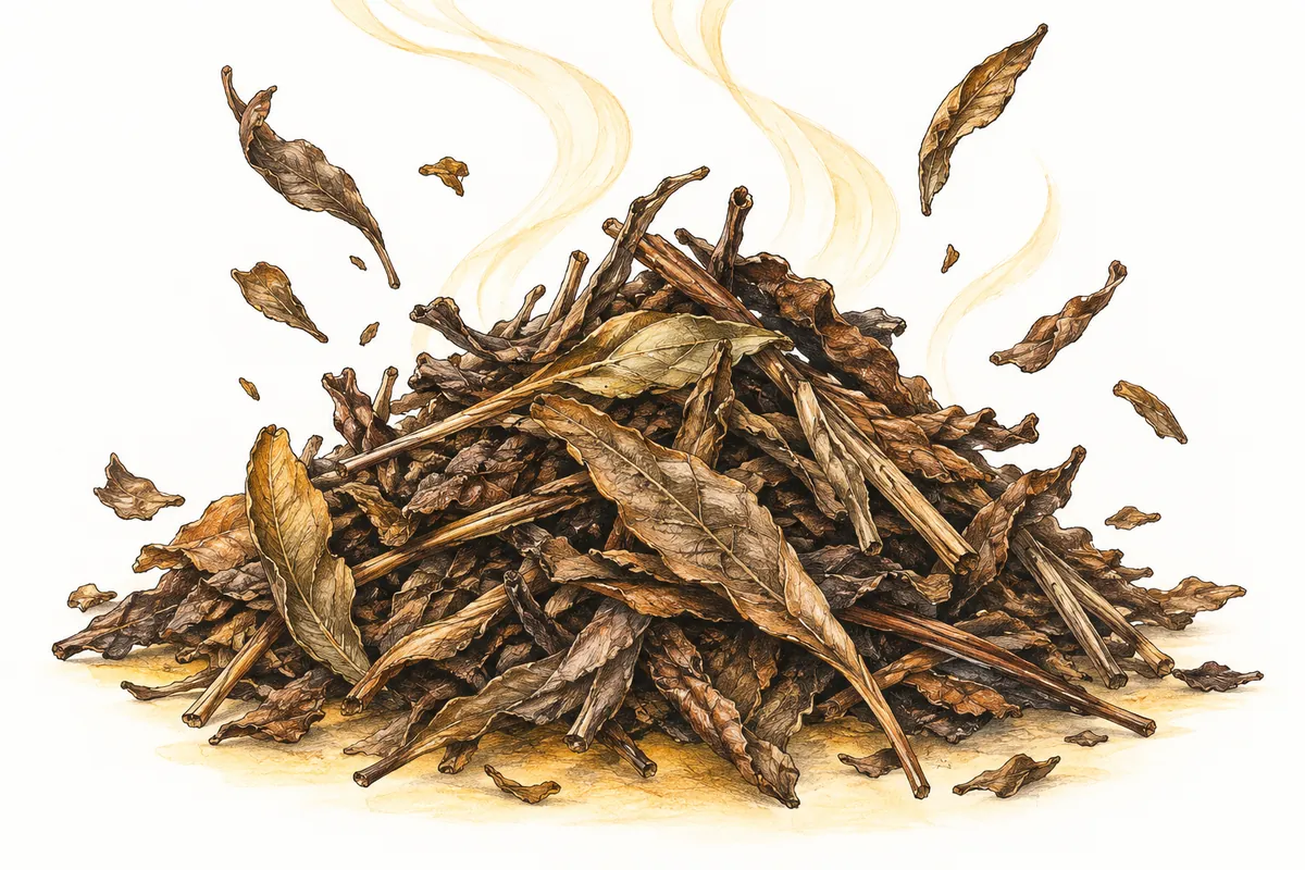 Close-up illustration of roasted tea leaves with golden lines representing the rising aroma.