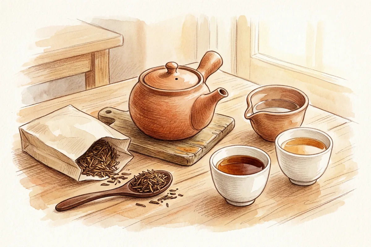 木のテーブルに置かれた素焼きの急須と、濃さの違うほうじ茶が入った2つの湯のみ、茶葉をのせたティースプーンを描いた色鉛筆と水彩の静物。