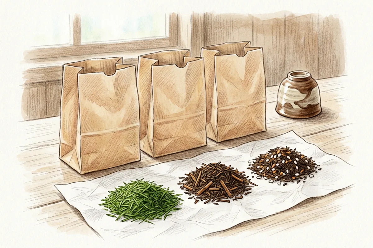 白い紙の上に、明るい緑の茶葉、焦茶色の茎の混じった茶葉、炒った米の混じった茶葉が、それぞれ小さな山になって並んでいるイラスト。