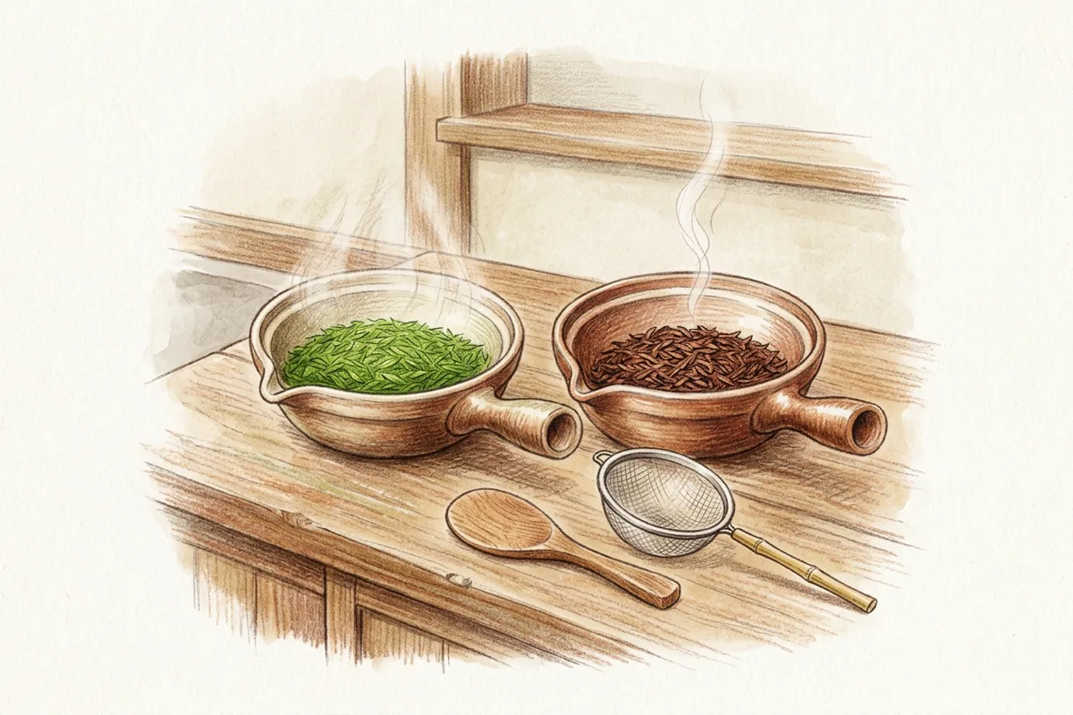 同じ形の焙烙が二つ並び、左の中の茶葉は明るい緑、右の中の茶葉は焦茶色で細い煙が立っているイラスト。