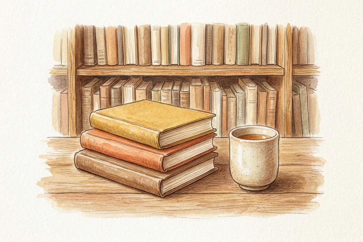 木の書棚の前に、閉じた本が三冊重ねて置かれ、その横に湯のみが一つ置かれているイラスト。