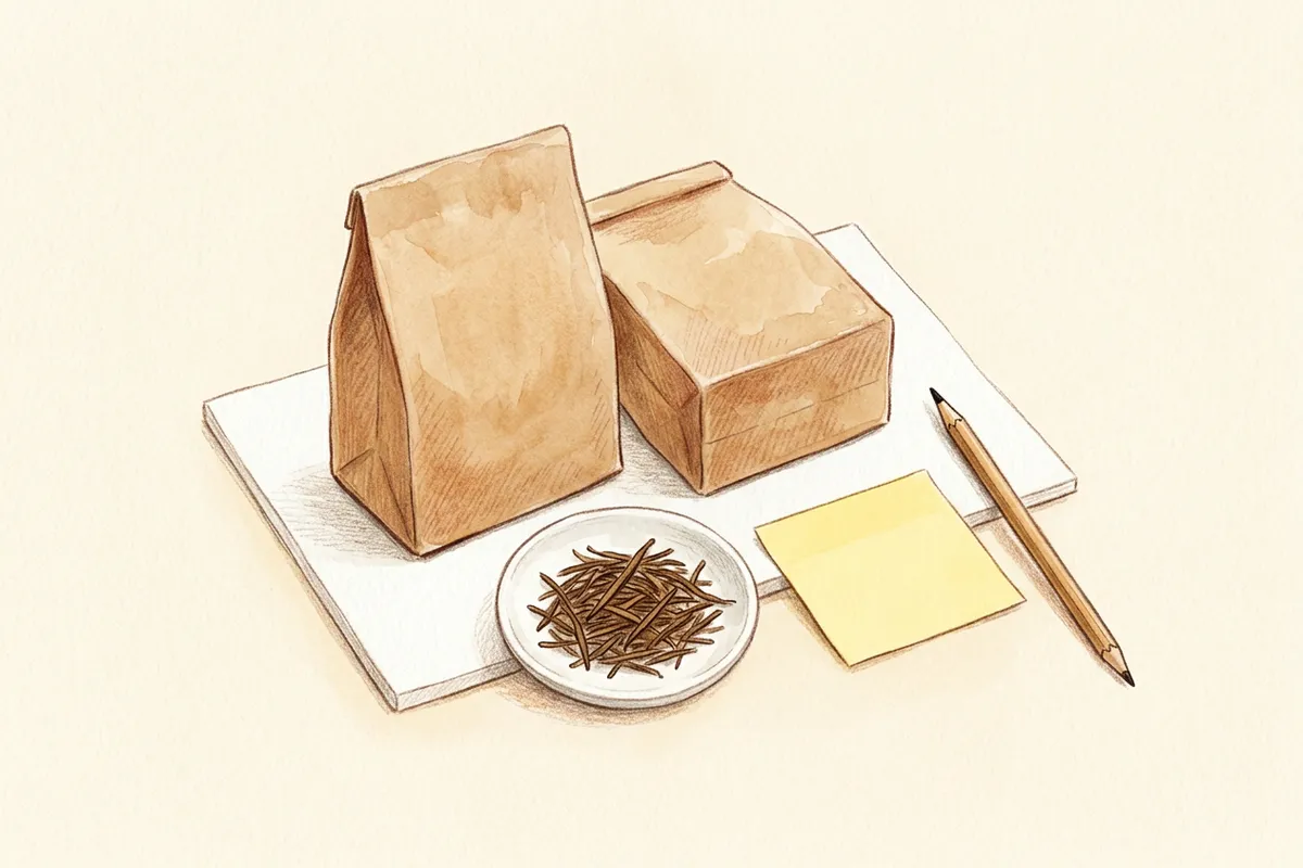 白い台の上に、裏返した無地の茶の袋が二つと、細い茎の茶葉を少しのせた小皿、付箋と鉛筆が置かれた様子を描いたイラスト。