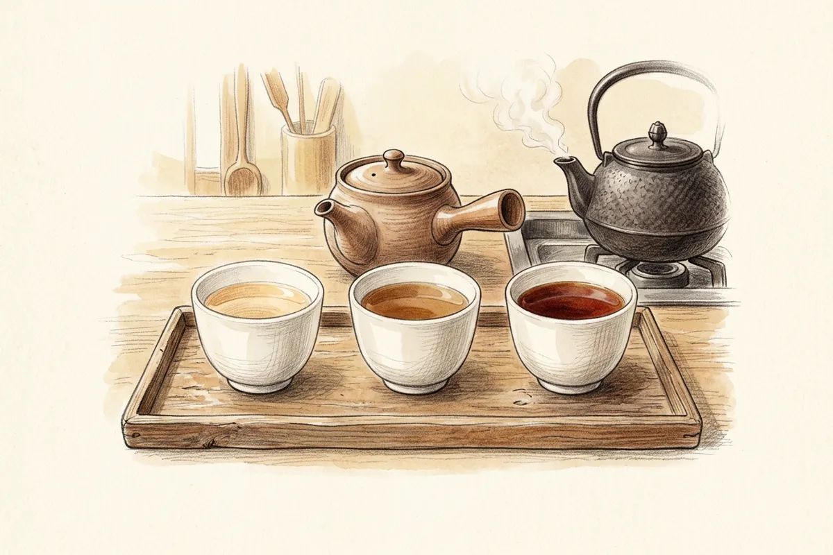 同じ形の白い湯のみが3つ並び、中のお茶の色が左から淡い琥珀色から濃い赤褐色へ変わり、奥に急須と湯気の立つ鉄瓶が置かれた様子を描いたイラスト。