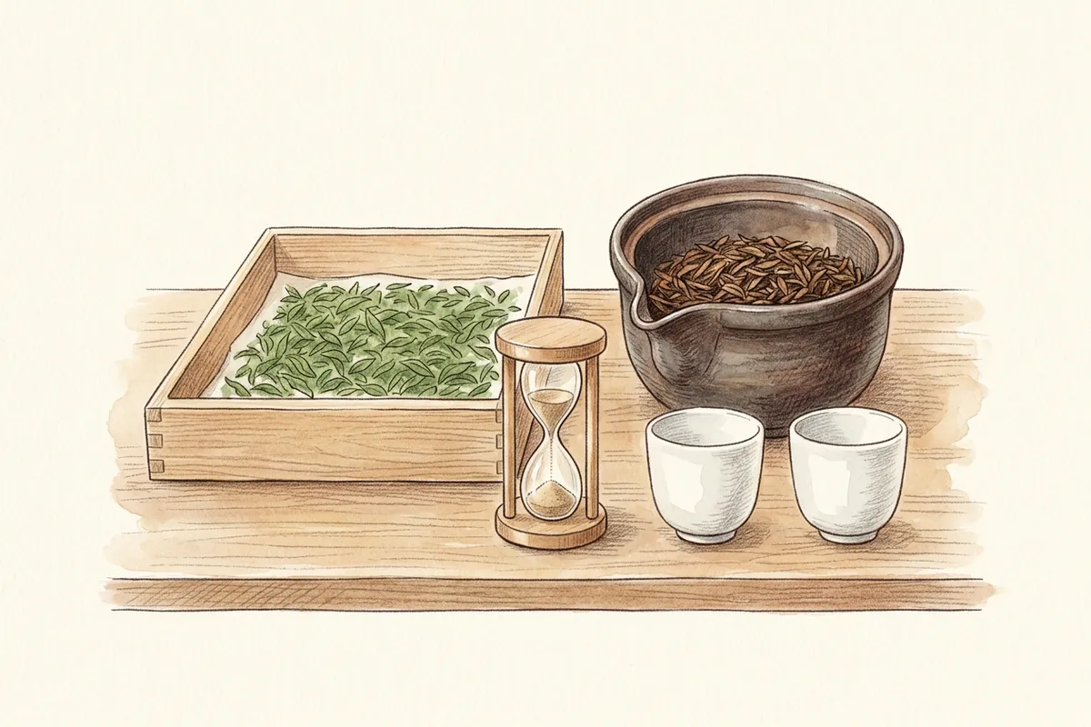 左の浅い木箱に広げた緑の荒茶と、右の焙烙で焙じた茶色の茶葉が並び、手前に砂時計と白い湯のみが二つ置かれたイラスト。