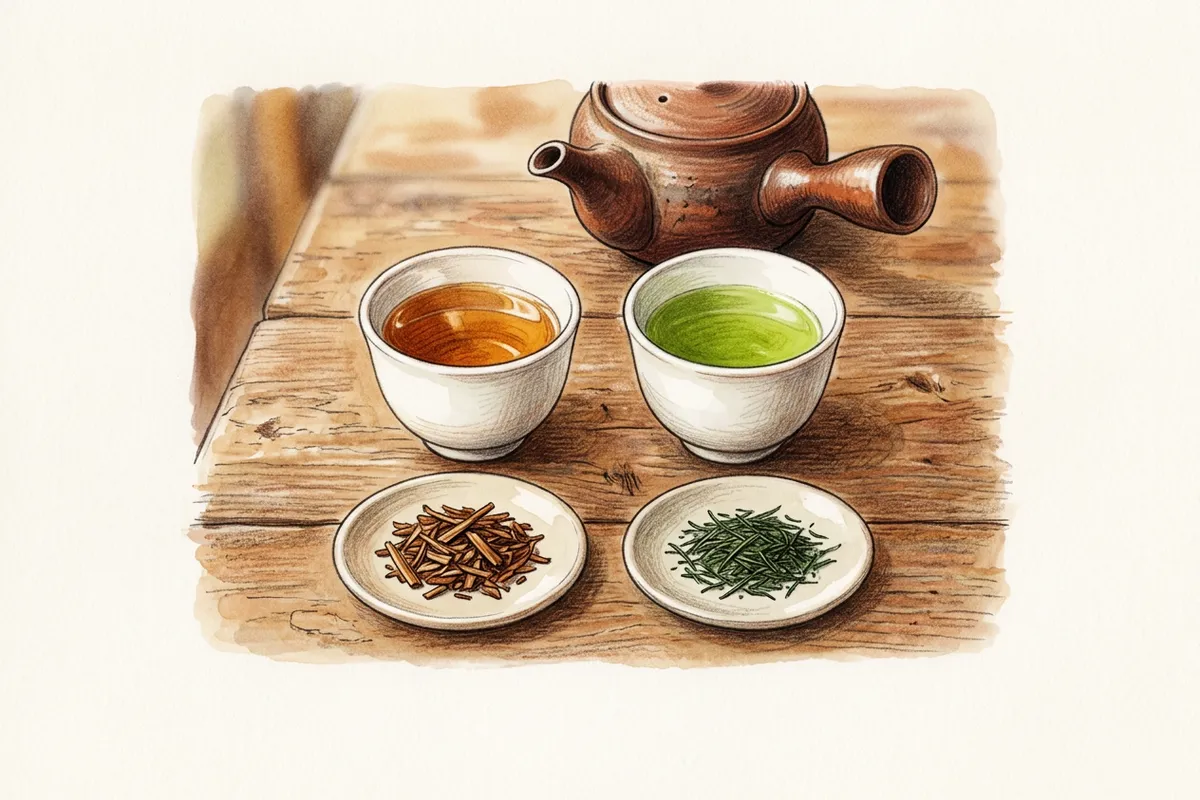 夕食後の木の食卓に、琥珀色のほうじ茶と若葉色の煎茶を入れた白い湯のみが2つ並び、手前に茶色と緑色の茶葉をのせた小皿が置かれた様子を描いたイラスト。