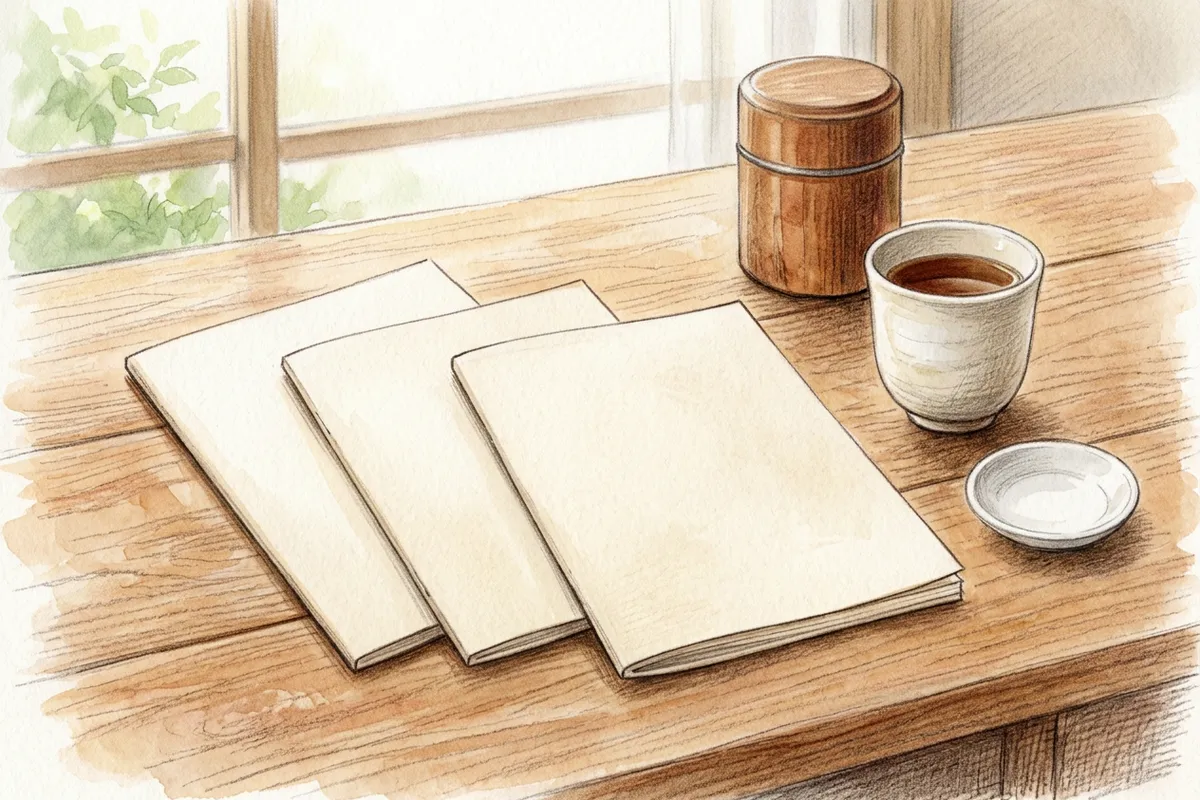 木の机の上に、表紙に何も書かれていない冊子が3冊重ねて置かれ、その隣にほうじ茶の入った湯のみと空の白い小皿が並ぶ様子を描いたイラスト。