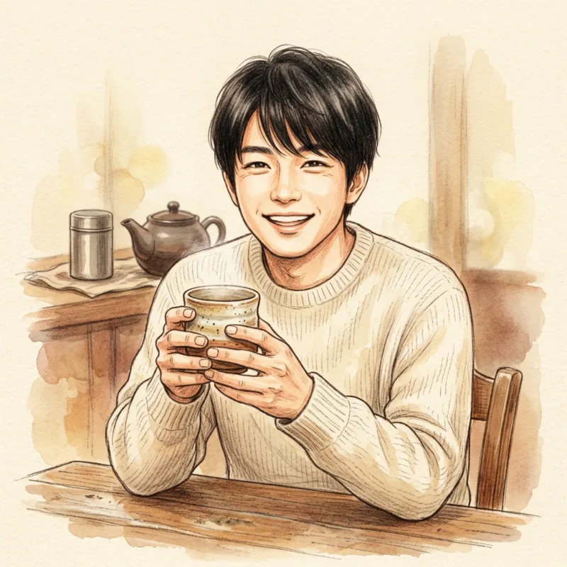 A coloured-pencil portrait of Tossy, the editor, holding a tea cup in both hands.